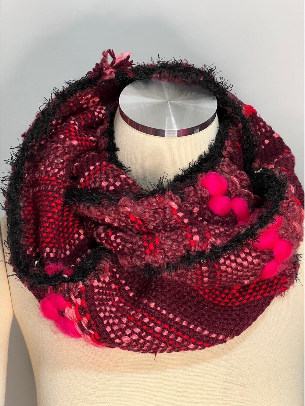 Woven on the Loom Chunky Knit Cowl Scarf: Burgundy Merino Wool, Crochet Trim